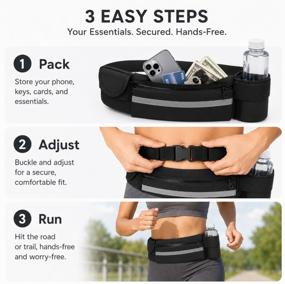 Slim Running Belt Waist Pack, Adjustable Travel Belt Bag for Phone, Keys and Small Essentials, TIKA