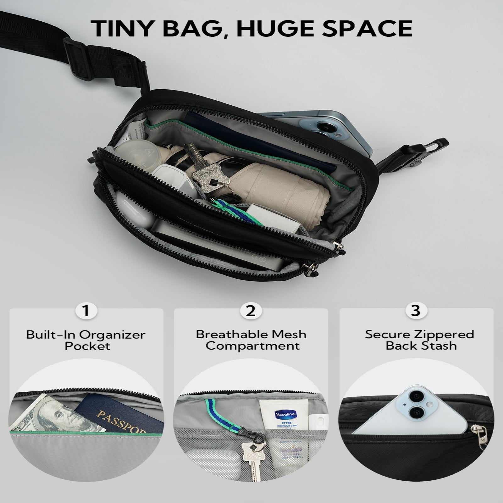 WATERFLY Unisex 2L Walking Hiking Travel Running Nylon Fanny Pack Waist Bag,Black