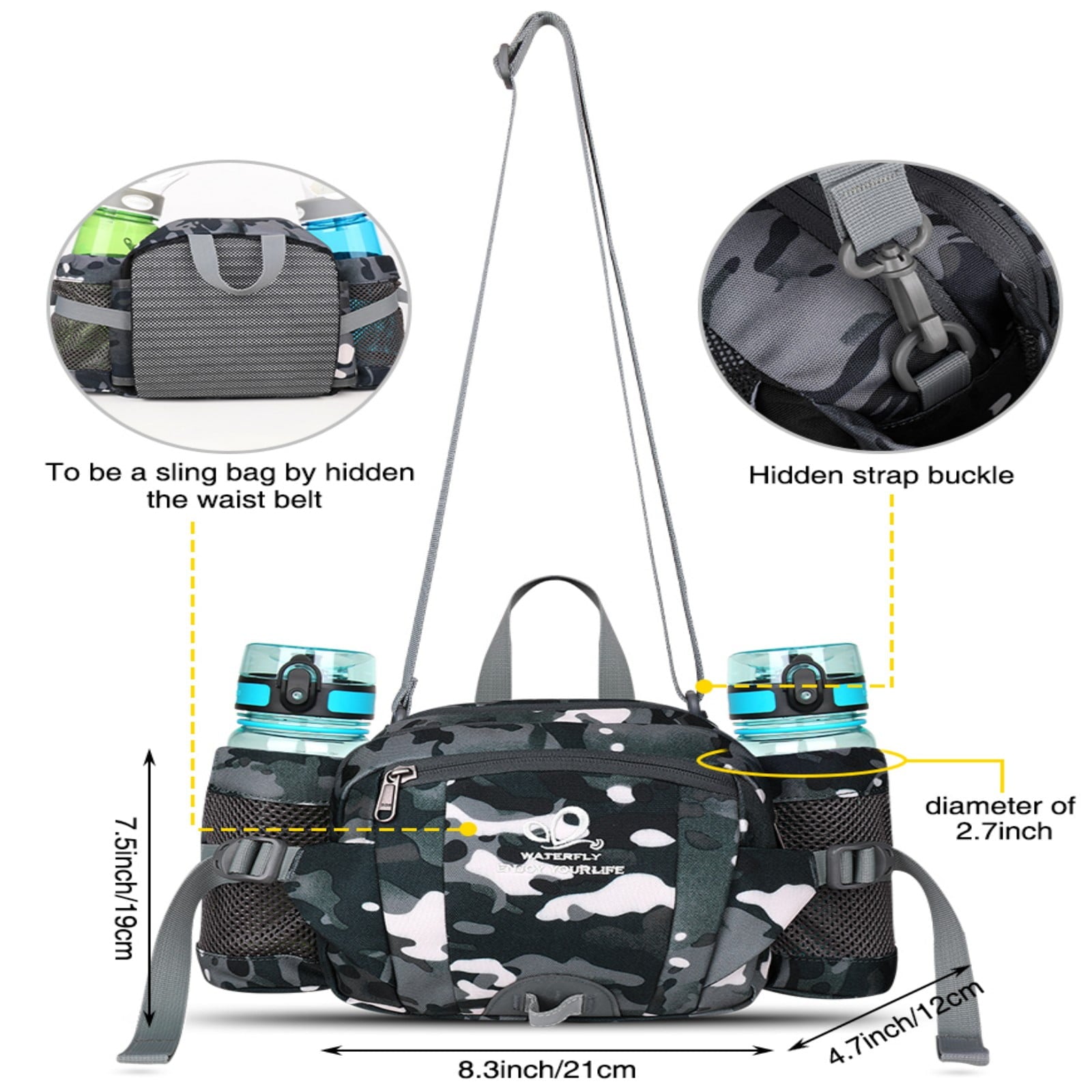 WATERFLY Unisex Large Capacity Hiking with Bottle Holder Nylon Fanny Pack Waist Bag,Gray