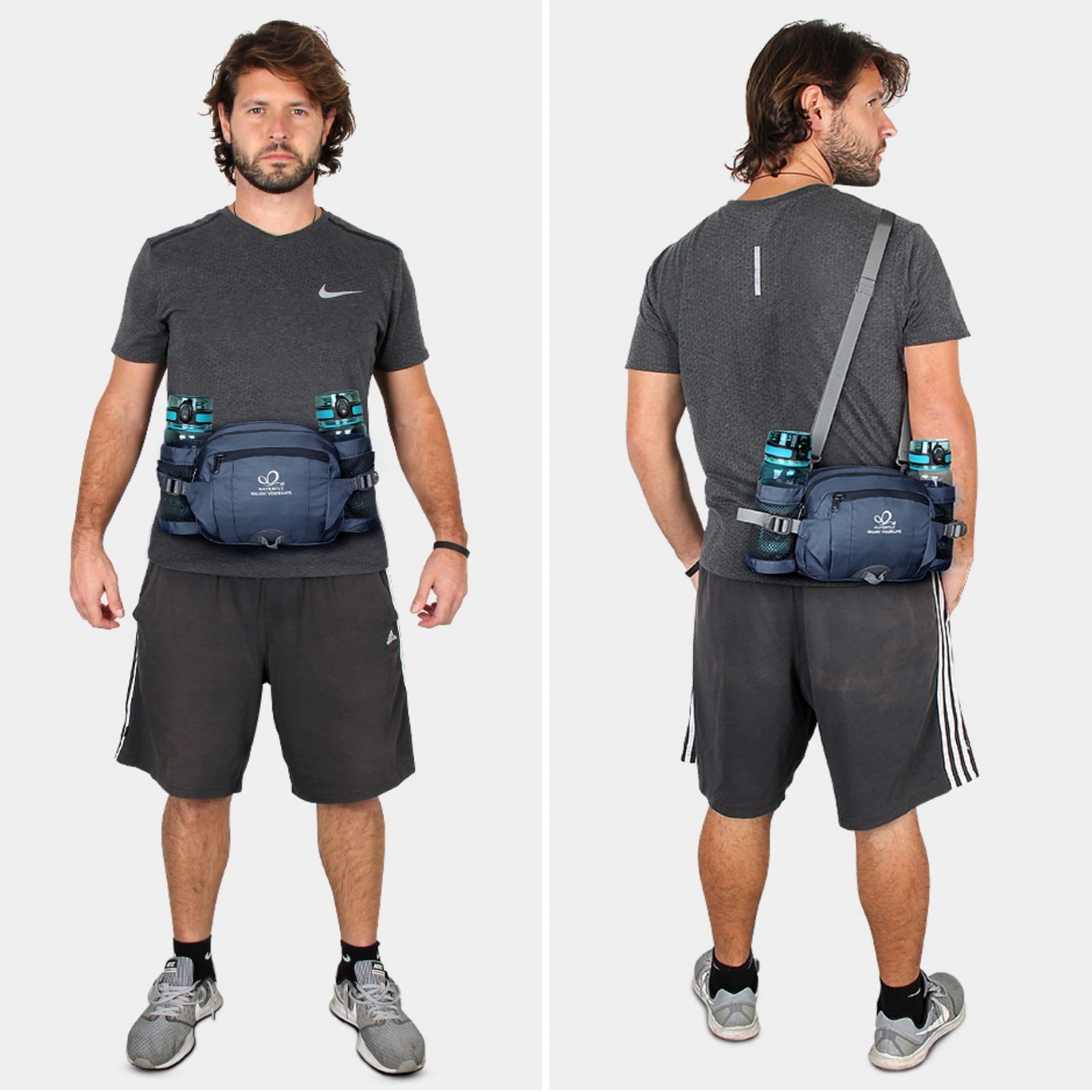 WATERFLY Unisex Large Capacity Hiking with Bottle Holder Nylon Fanny Pack Waist Bag,Gray