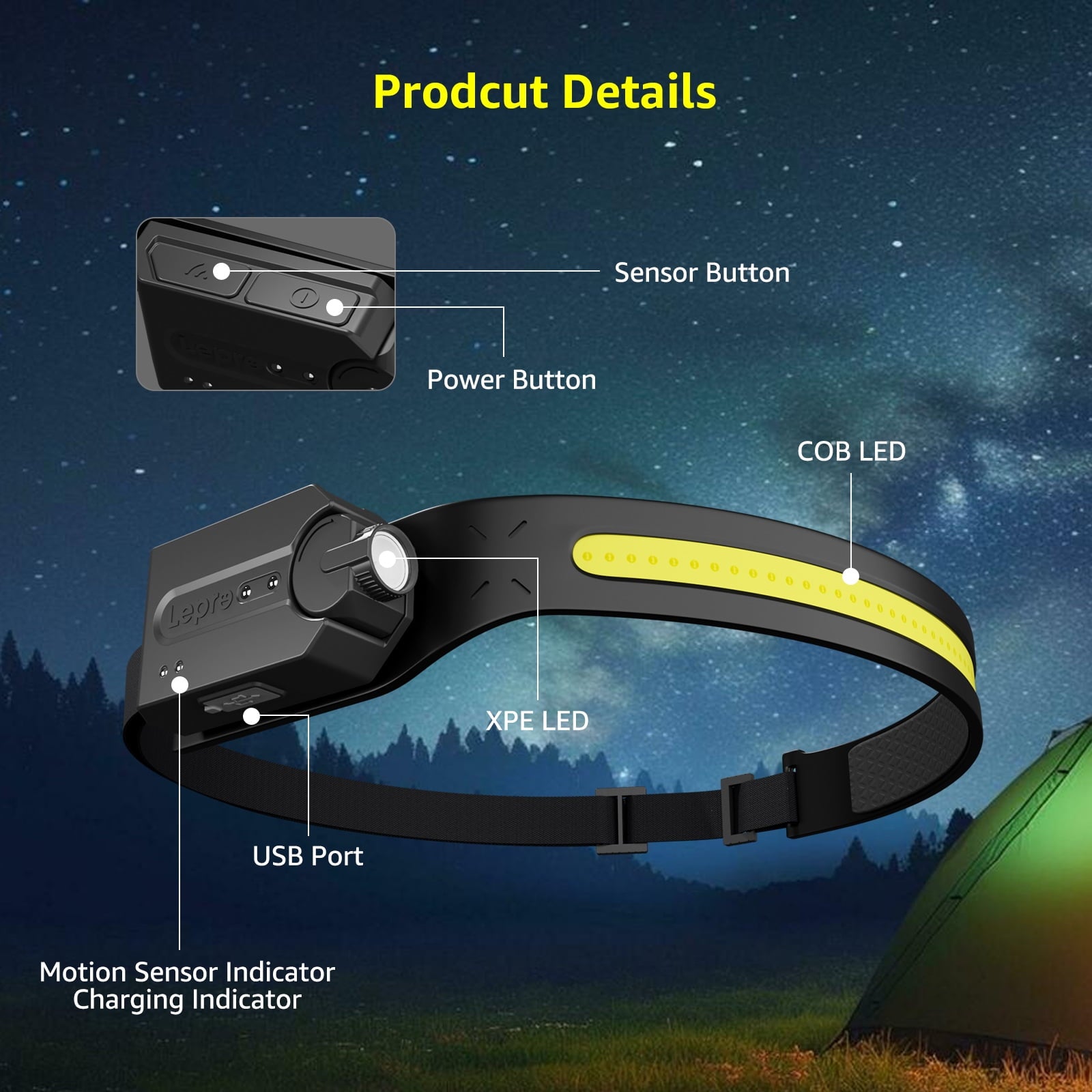 Lepro Headlamp Rechargeable 2PCS, 230° Wide Beam Head Lamp LED with Motion Sensor for Adults - Camping Accessories Gear, Waterproof Headlight for Camping, Hiking, Running