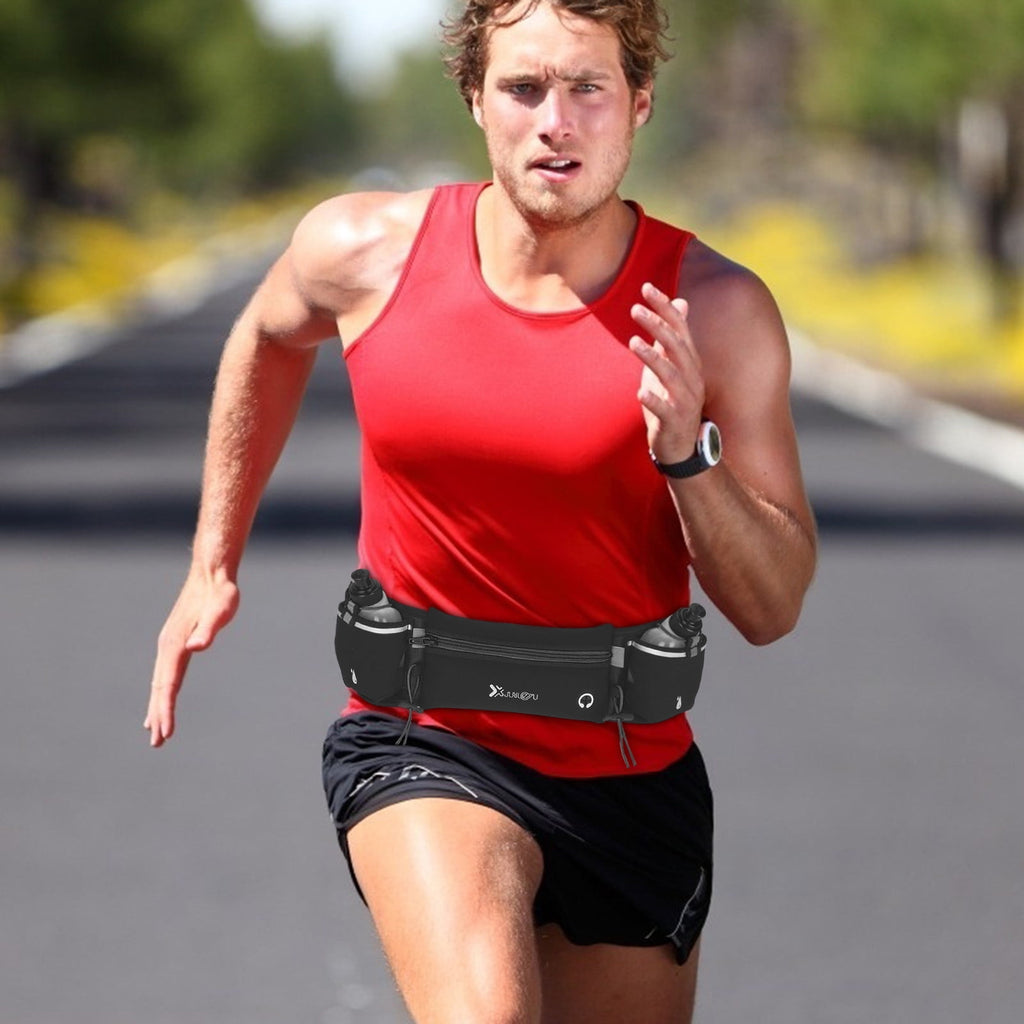 Running Belt with Water Bottle Bags,Waterproof Waist Pack Bag,Adjustable Sports Waist Pouch for Marathon Running Hiking Cycling