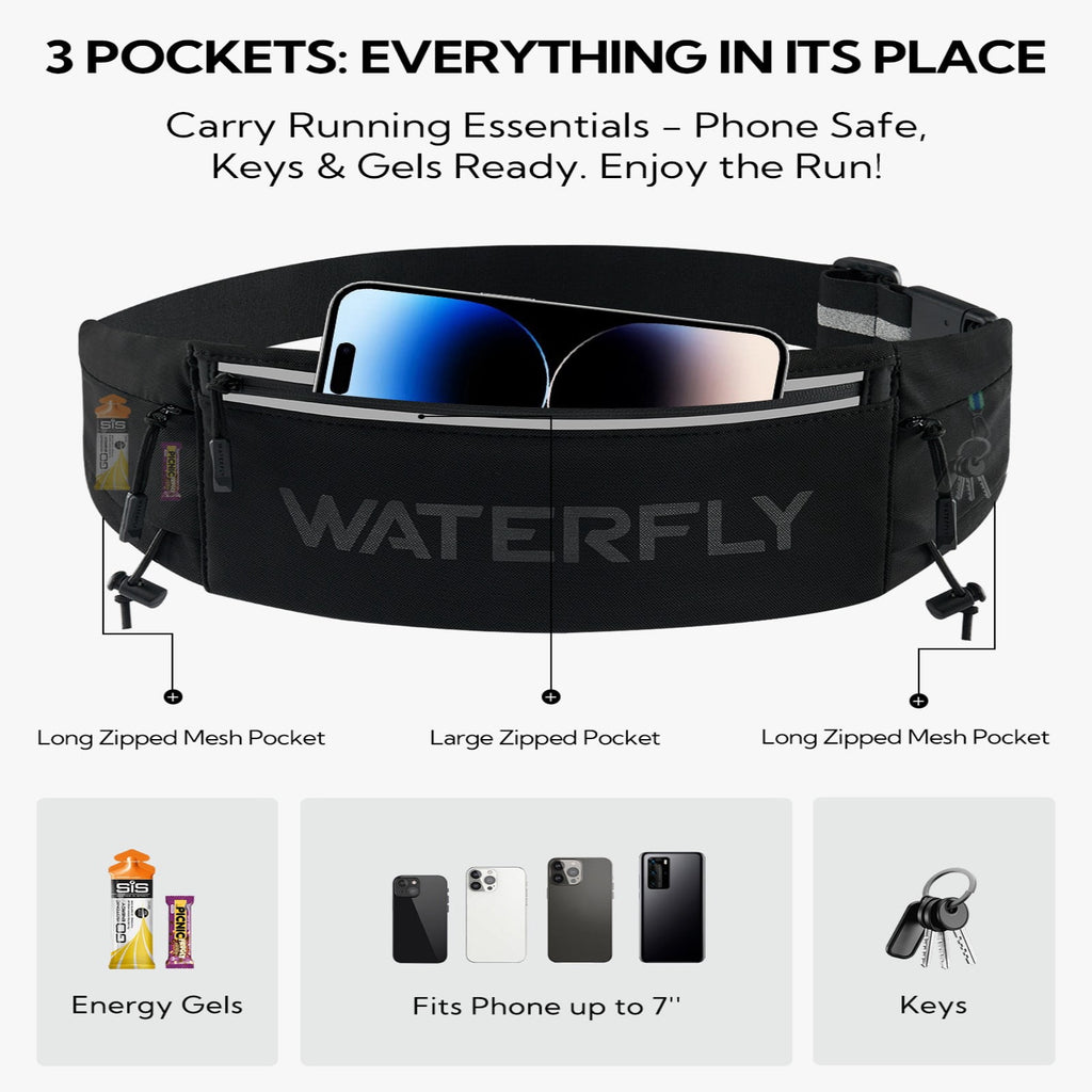 WATERFLY Unisex Adjustable Sports Jogging Fitness Nylon Running Waist Belt Band,Black