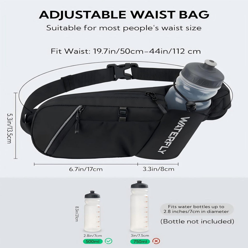 WATERFLY Unisex with Bottle Holder Running Walking Hiking Nylon Fanny Pack Waist Bag,,Blue