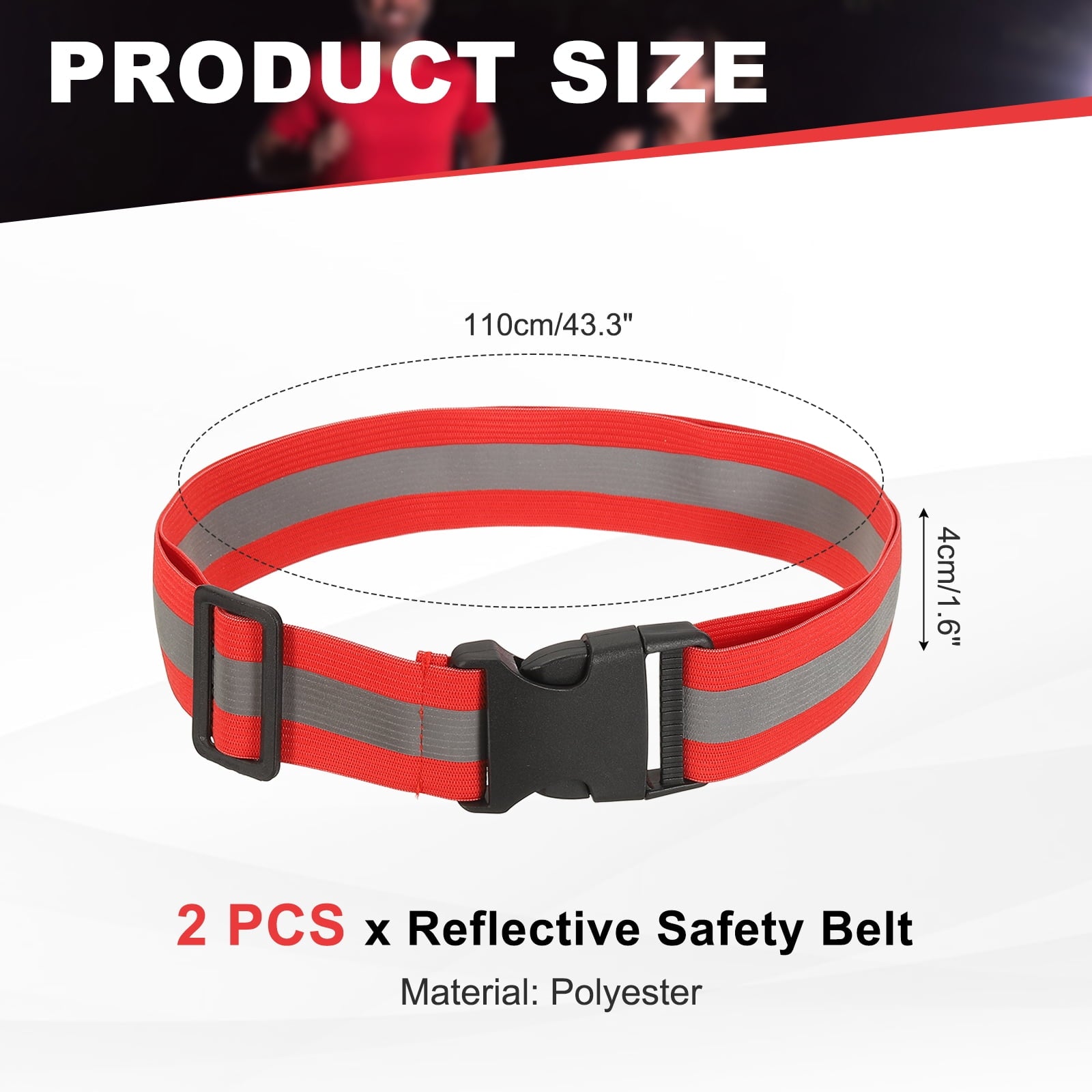 Uxcell Reflective Safety Belt, Adjustable High Visibility Glow Belt Outdoor Running Gear Accessories Fit For (Running/Walking/Cycling), 43.3 x 1.6" & 2 Pcs & Bright Red