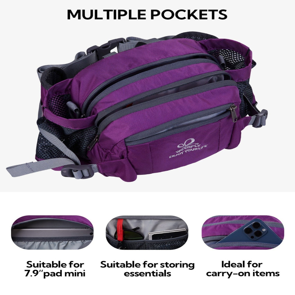 WATERFLY Unisex Large Capacity Hiking with Bottle Holder Nylon Fanny Pack Waist Bag,Gray