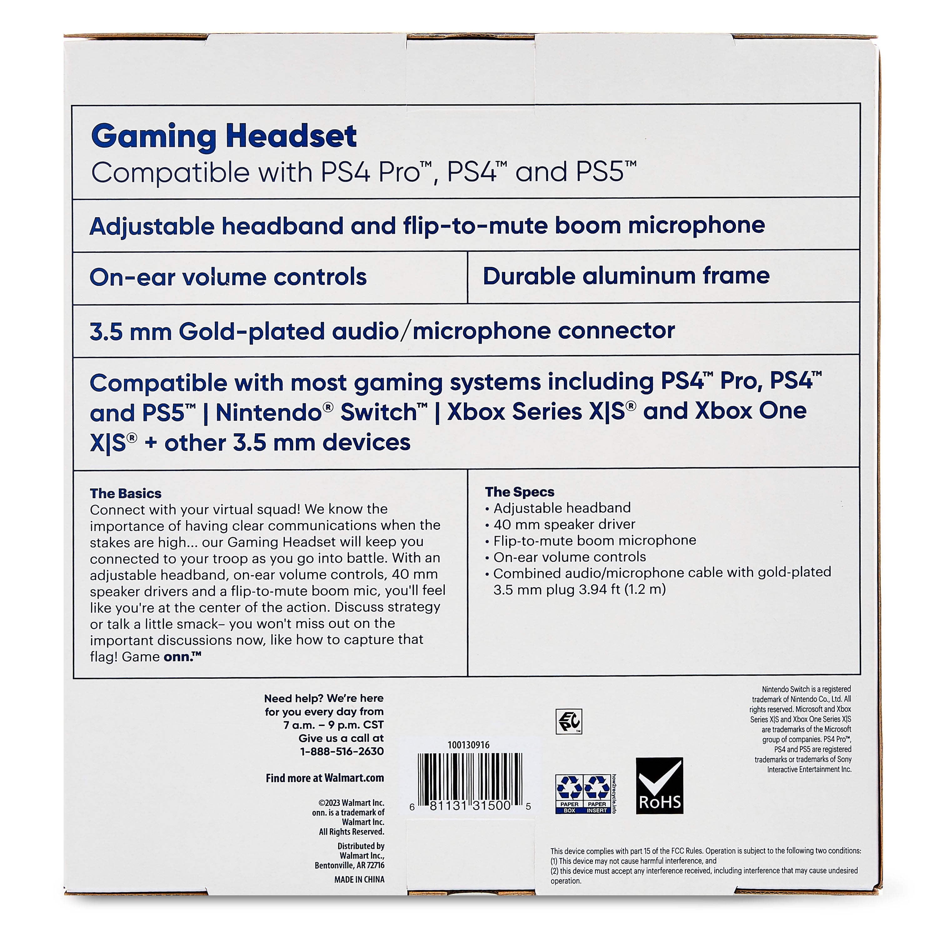 onn Wired Gaming Headset Compatible with PlayStation PS4 and PS5, Black and White