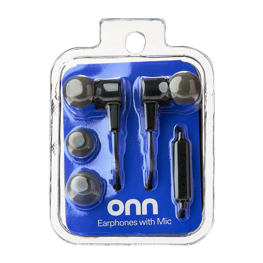 Onn Wired Earphones with Mic and 3.5mm Plug in Black - High-Quality Sound and Comfortable Silicone Ear Tips