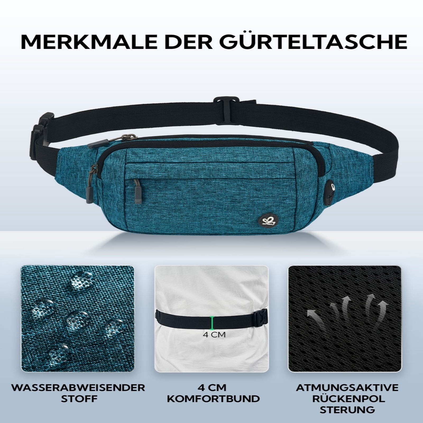 WATERFLY Unisex Lightweight Running Hiking Jogging Nylon Fanny Pack Waist Bag-Dark Blue