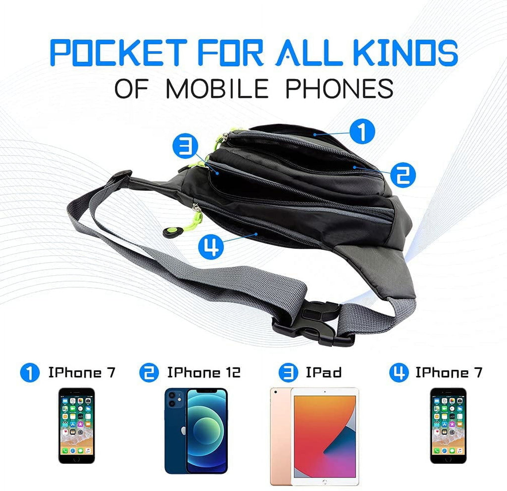 Viaky Black Crossbody Workout Waist Pack 4 Zipper Pockets, Running Belt Fanny Bag for Hands Free Sports Travel & Casual Use, Adjustable Strap Pouch Ideal Gifts for All Phone Carrying Enthusiasts