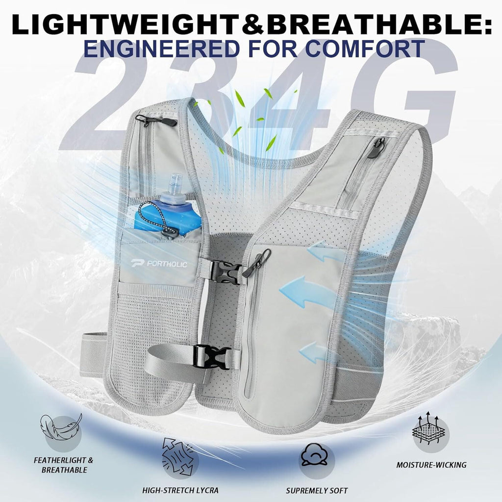 PORTHOLIC Running Vest for Women Men with 500ml/17oz Water Bottle |Adjustable Hydration Vest|Reflective |Lightweight |6 Pockets |Breathablefor Running Accessories for Hiking Running (Black,Large)