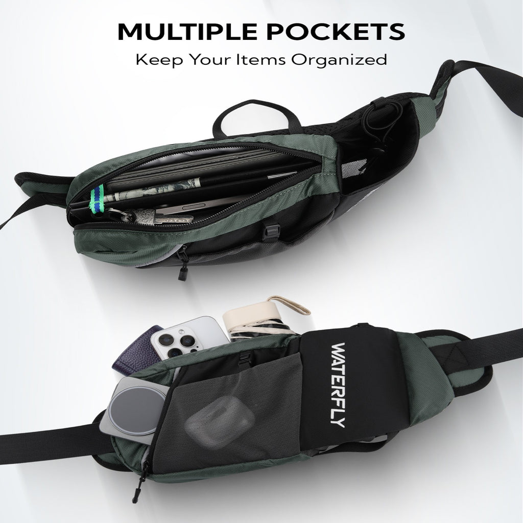 WATERFLY Unisex with Bottle Holder Running Walking Hiking Nylon Fanny Pack Waist Bag,,Blue