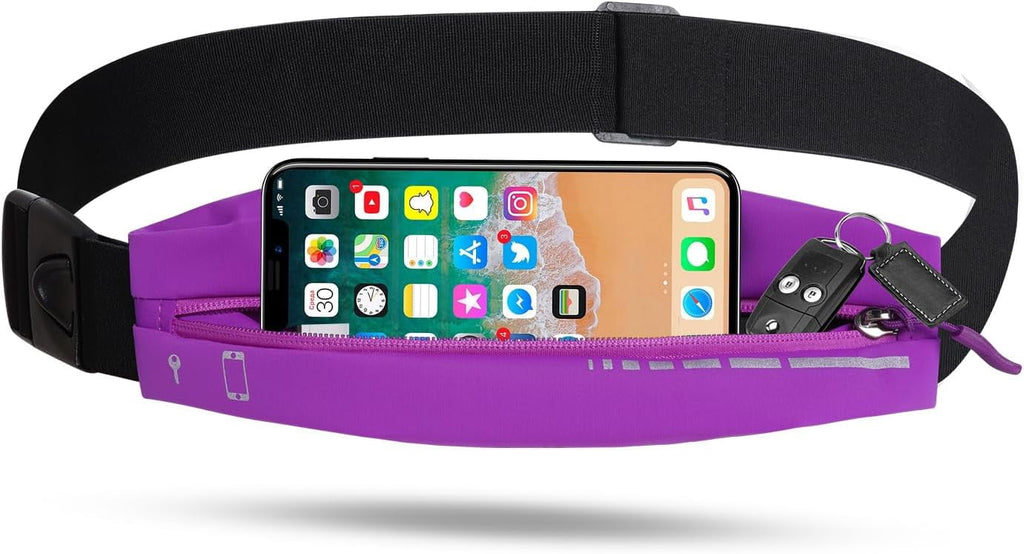 Slim Running Belt for Women Men Water Resiatant Runners Fanny Pack Adjustable Waist Pouch Reflective Phone holder Running Gear Accessories for Sport (Purple)