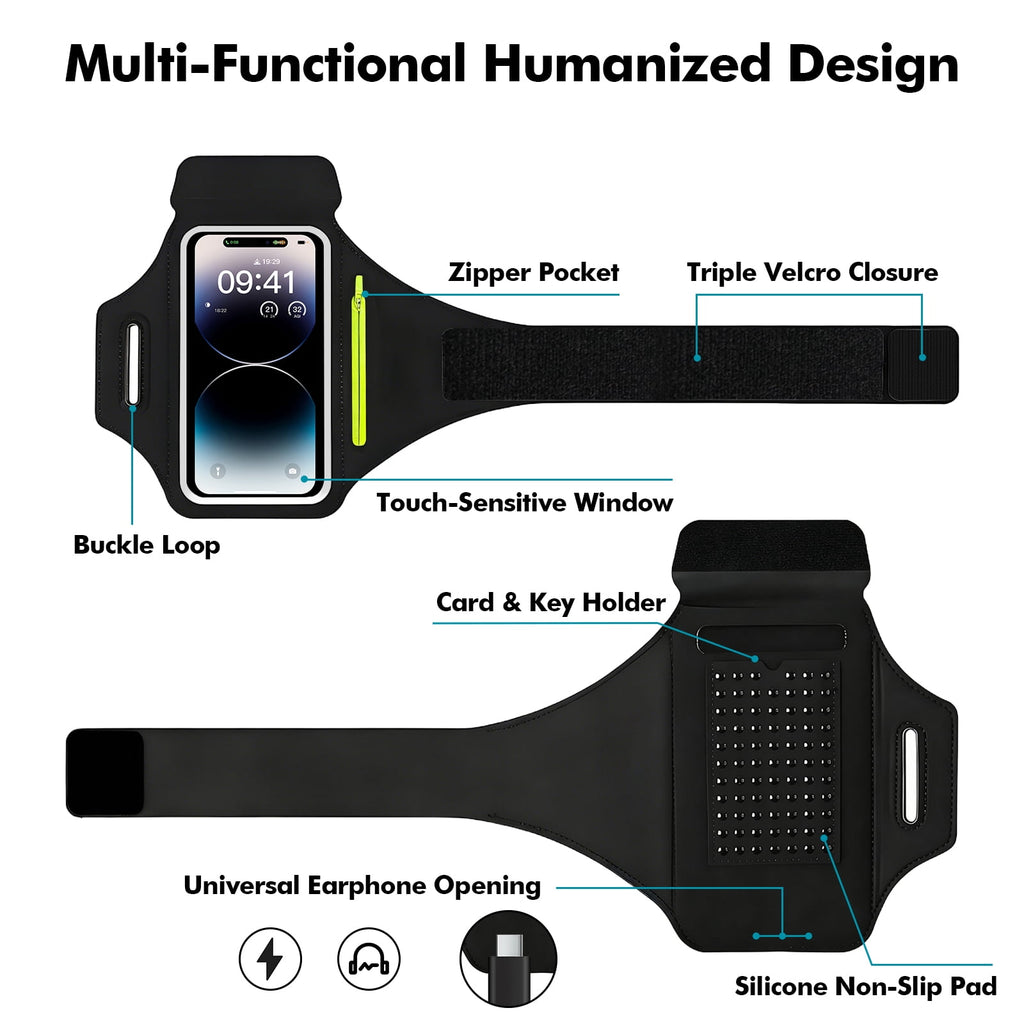 Atzeste Cell Phone Running Armband with Earphone Bag, Sweatproof Arm Band Phone Holder, Fits 6.9" Phones Compatible with iPhone 17 16 15 14 13 12 Pro Max/Plus/XR/XS, Galaxy S25-S22