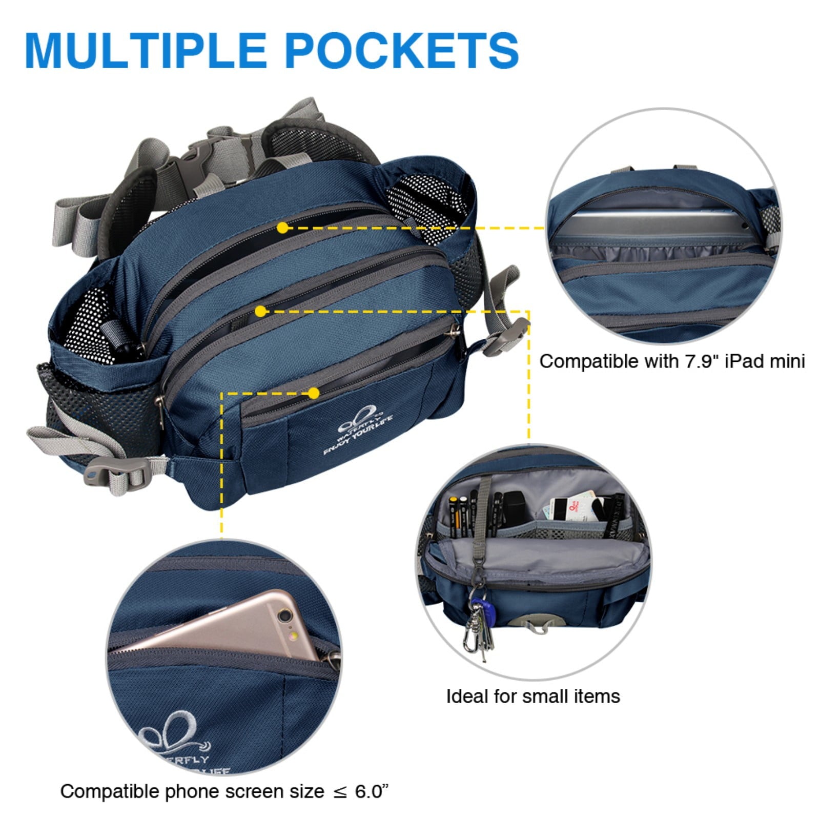 WATERFLY Unisex Large Capacity Hiking with Bottle Holder Nylon Fanny Pack Waist Bag,Gray