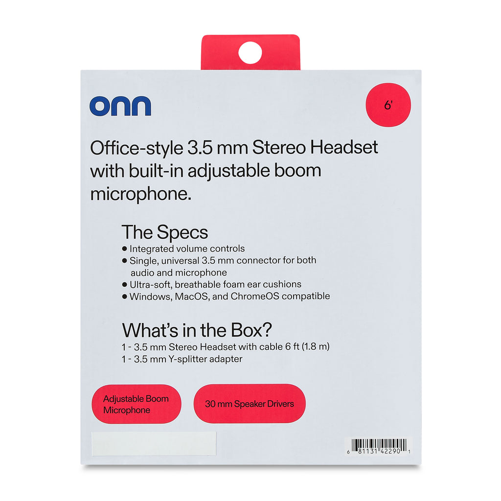 onn 3.5mm AUX Stereo Headset with Built-In Microphone, Black