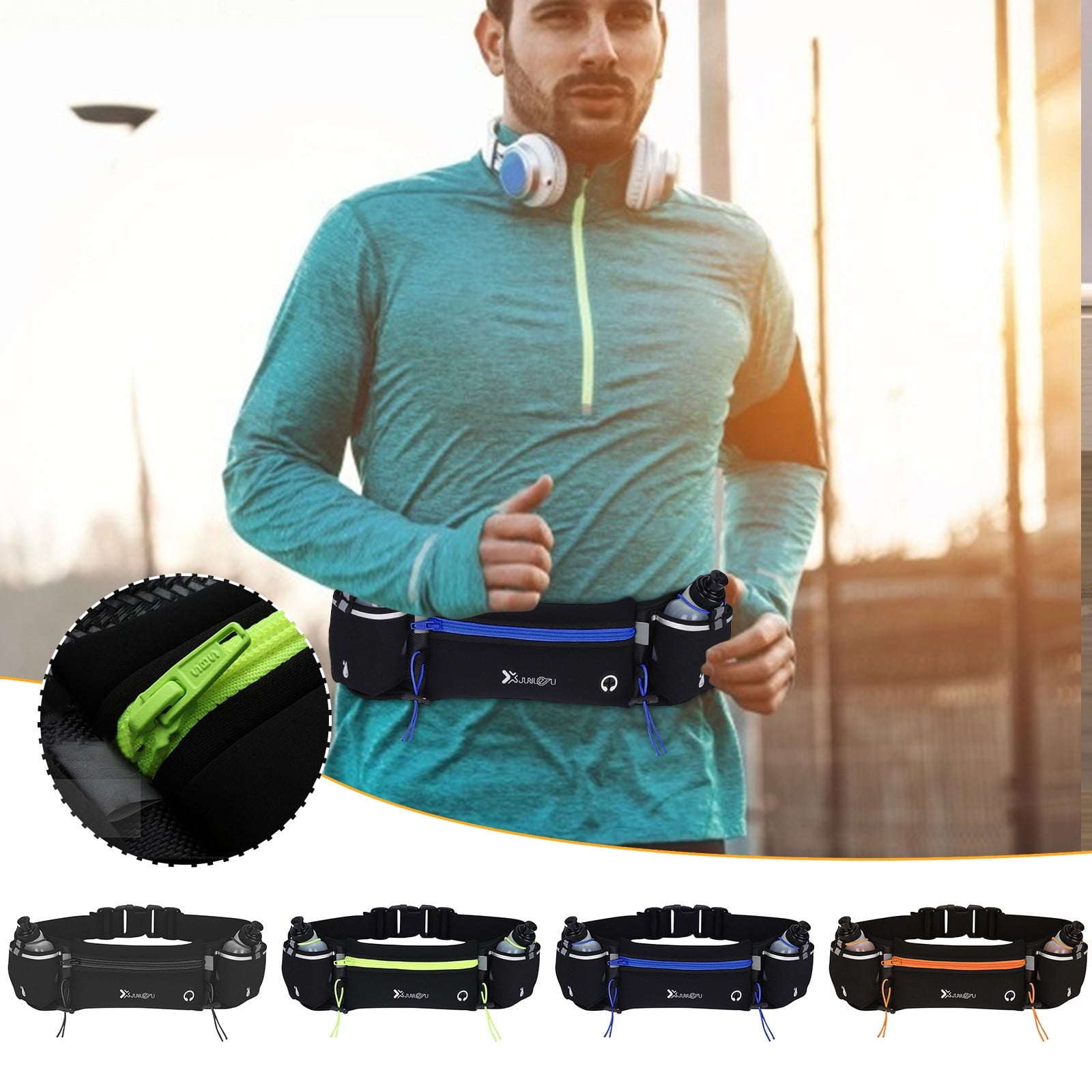Running Belt with Water Bottle Bags,Waterproof Waist Pack Bag,Adjustable Sports Waist Pouch for Marathon Running Hiking Cycling