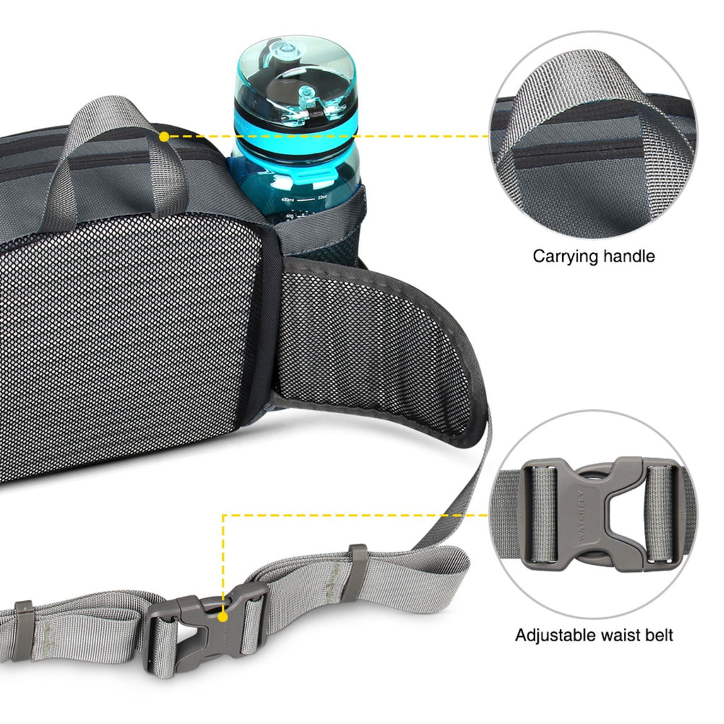 WATERFLY Unisex Large Capacity Hiking with Bottle Holder Nylon Fanny Pack Waist Bag,Gray
