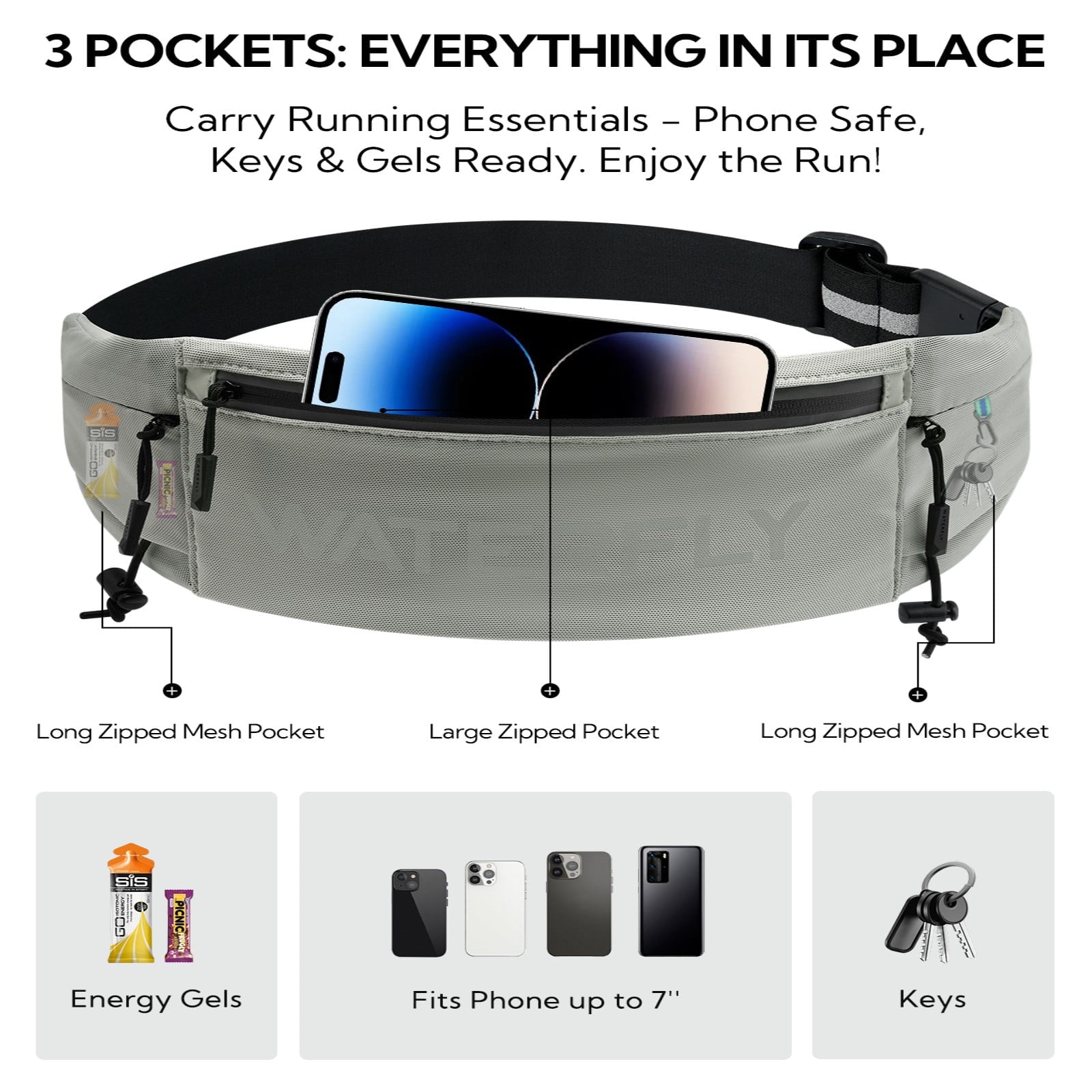 WATERFLY Unisex Adjustable Sports Jogging Fitness Nylon Running Waist Belt Band,Black