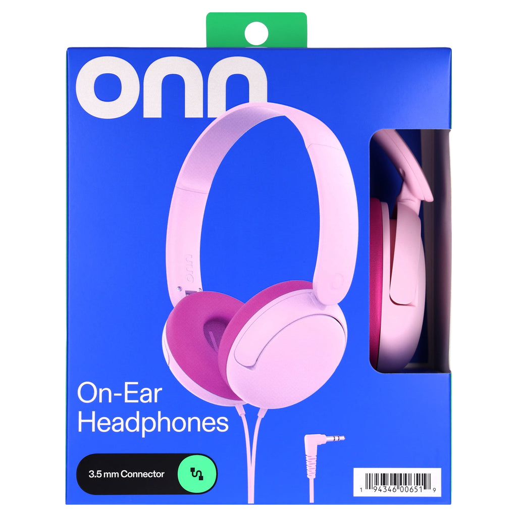 onn On-Ear Headphones with 3.5 mm Connector, Pink