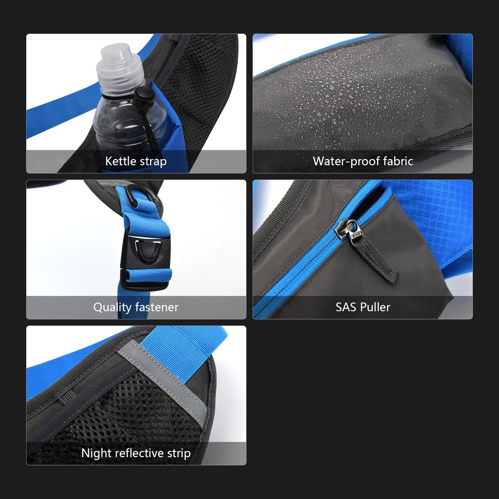Hiroekza Running Belt with Water Bottle Sports Pack Waist Bag for Men & Women - Nylon Multifunctional Zipper Belt for Running Hiking Climbing - Adjustable Reflective Fitness Gear Accessories Black