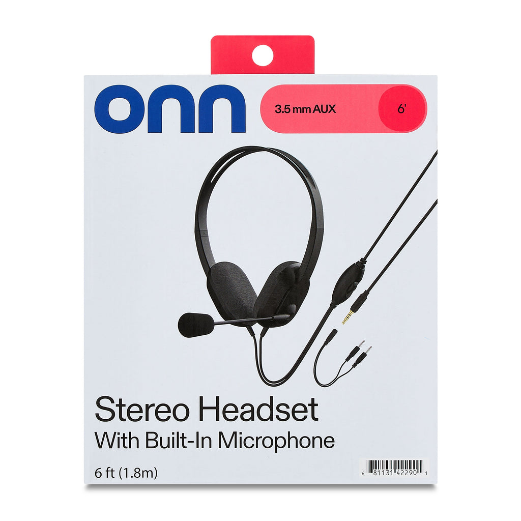 onn 3.5mm AUX Stereo Headset with Built-In Microphone, Black
