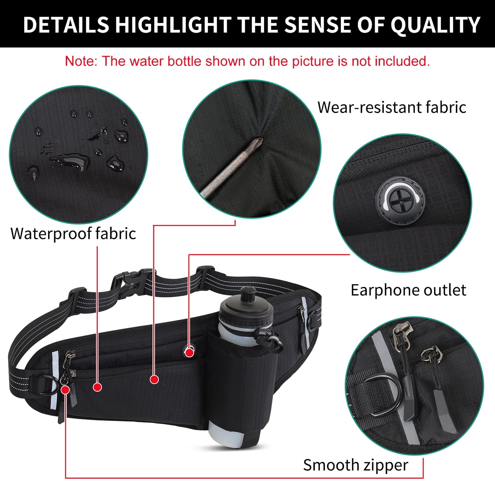 NFTIGB Running Belt Waist Pack Adjustable Hydration Bag with Water Bottle Holder for Runners Men Women, Black (10.63 inches / 27 cm)