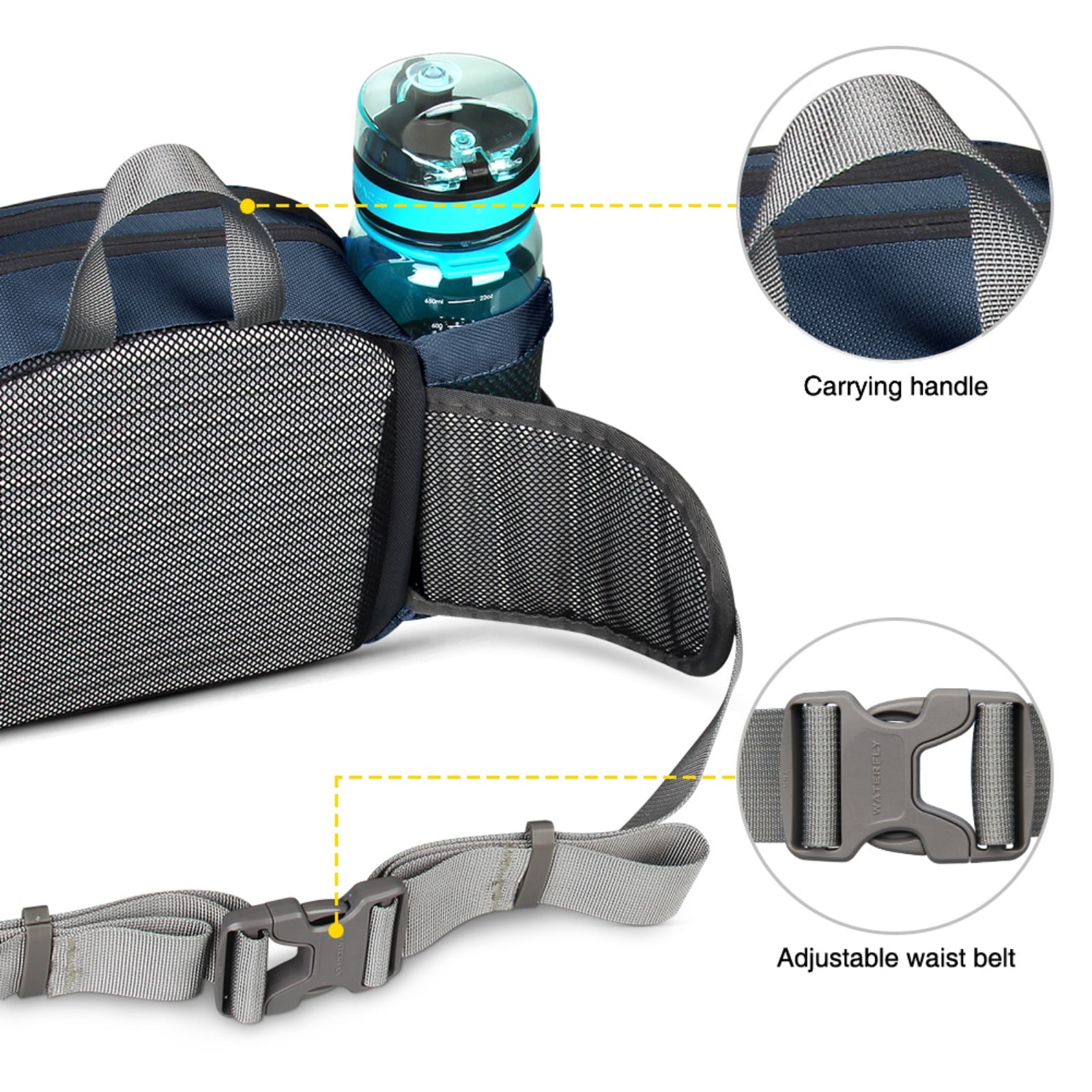 WATERFLY Unisex Large Capacity Hiking with Bottle Holder Nylon Fanny Pack Waist Bag,Gray
