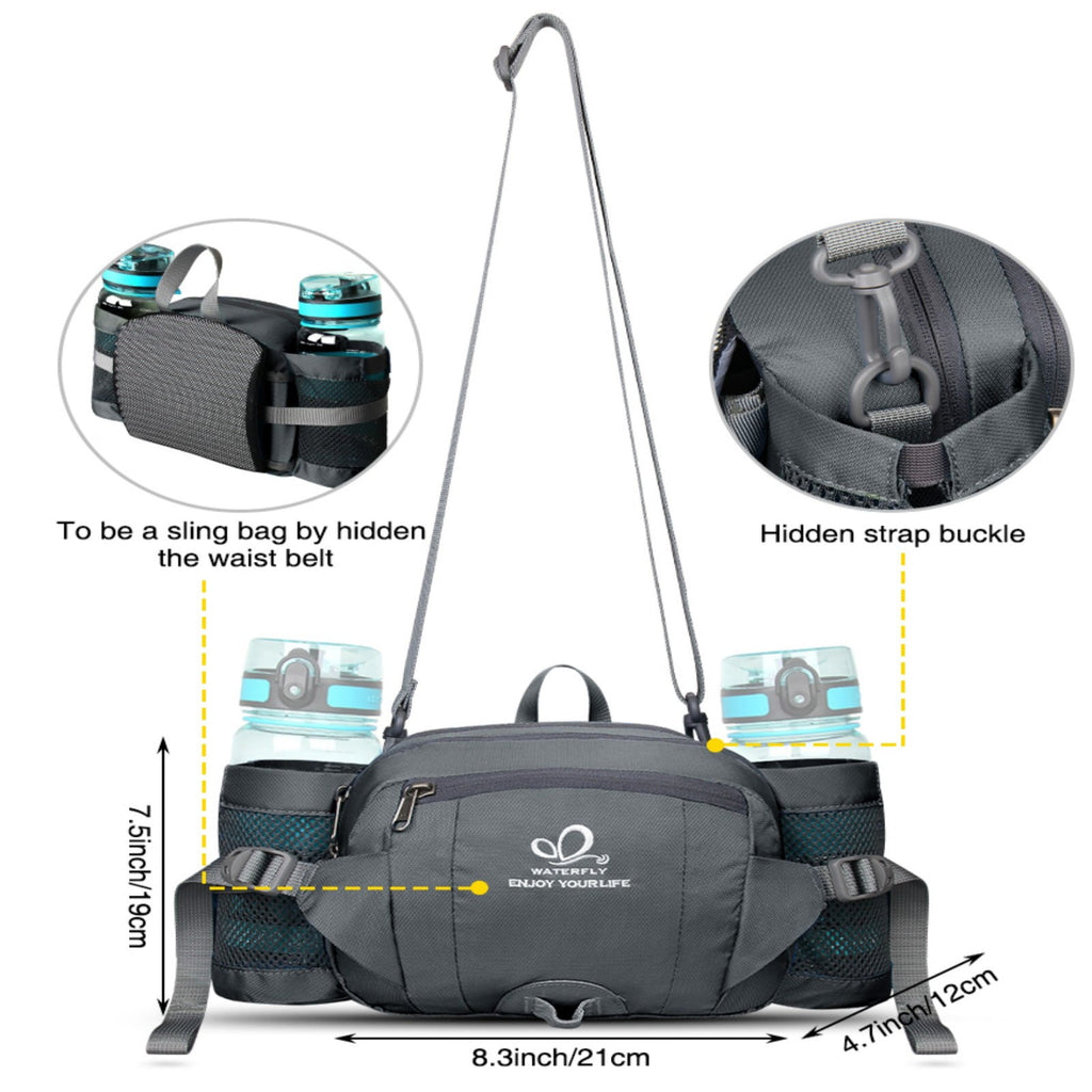 WATERFLY Unisex Large Capacity Hiking with Bottle Holder Nylon Fanny Pack Waist Bag,Gray
