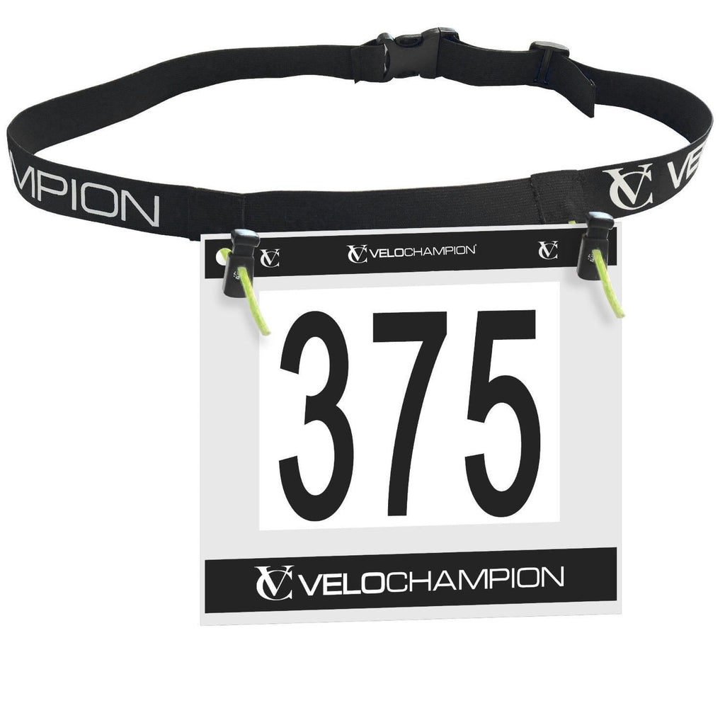 Velochampion Adjustable Elastic Running Number Waist Belt. Stretch Fit Black with Buckle Fastening