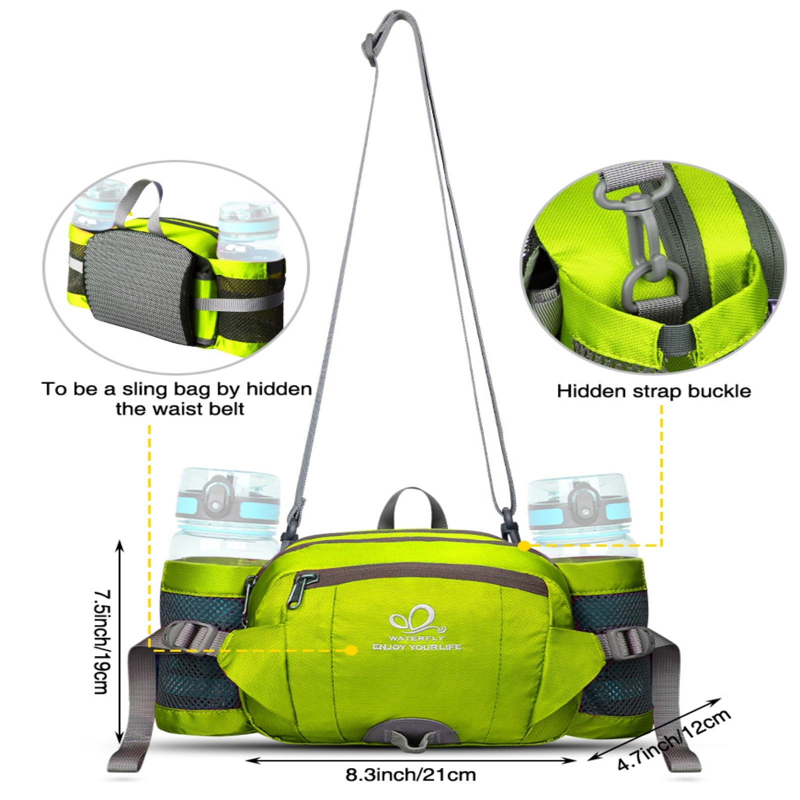 WATERFLY Unisex Large Capacity Hiking with Bottle Holder Nylon Fanny Pack Waist Bag,Gray