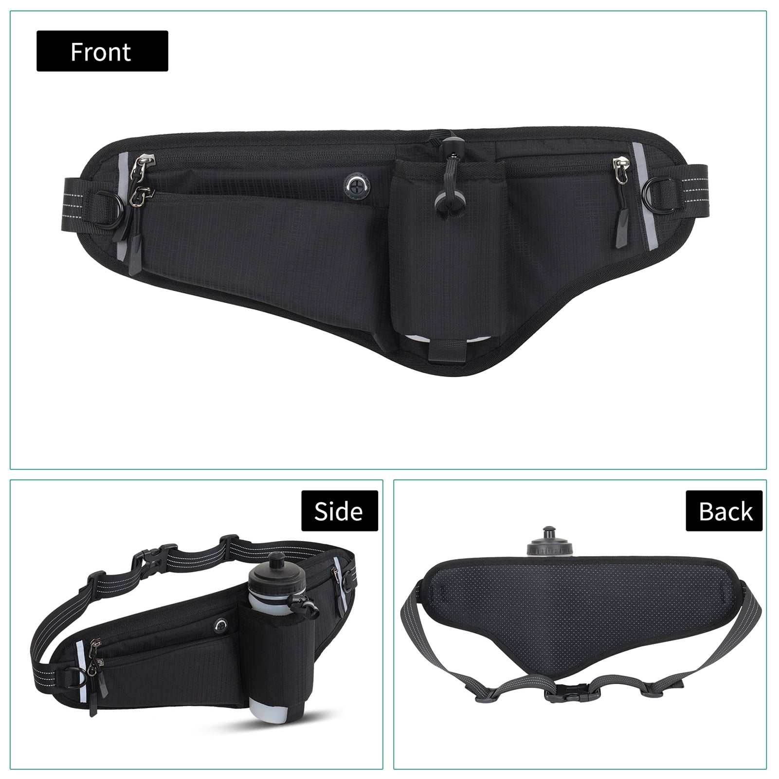 NFTIGB Running Belt Waist Pack Adjustable Hydration Bag with Water Bottle Holder for Runners Men Women, Black (10.63 inches / 27 cm)