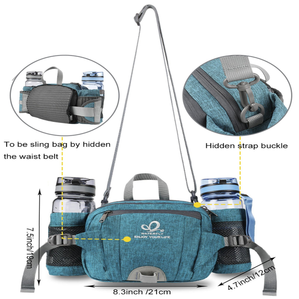 WATERFLY Unisex Large Capacity Hiking with Bottle Holder Nylon Fanny Pack Waist Bag,Gray