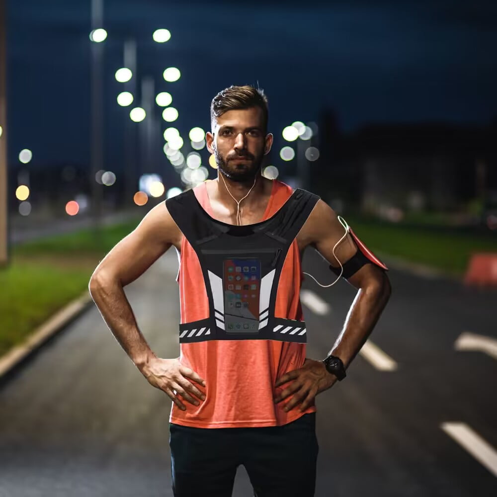 Gowinsee Reflective Running Vest, Running Chest Pouch Bag Phone Holder Phone Keys Cash Water Bottle Lightweight Breathable