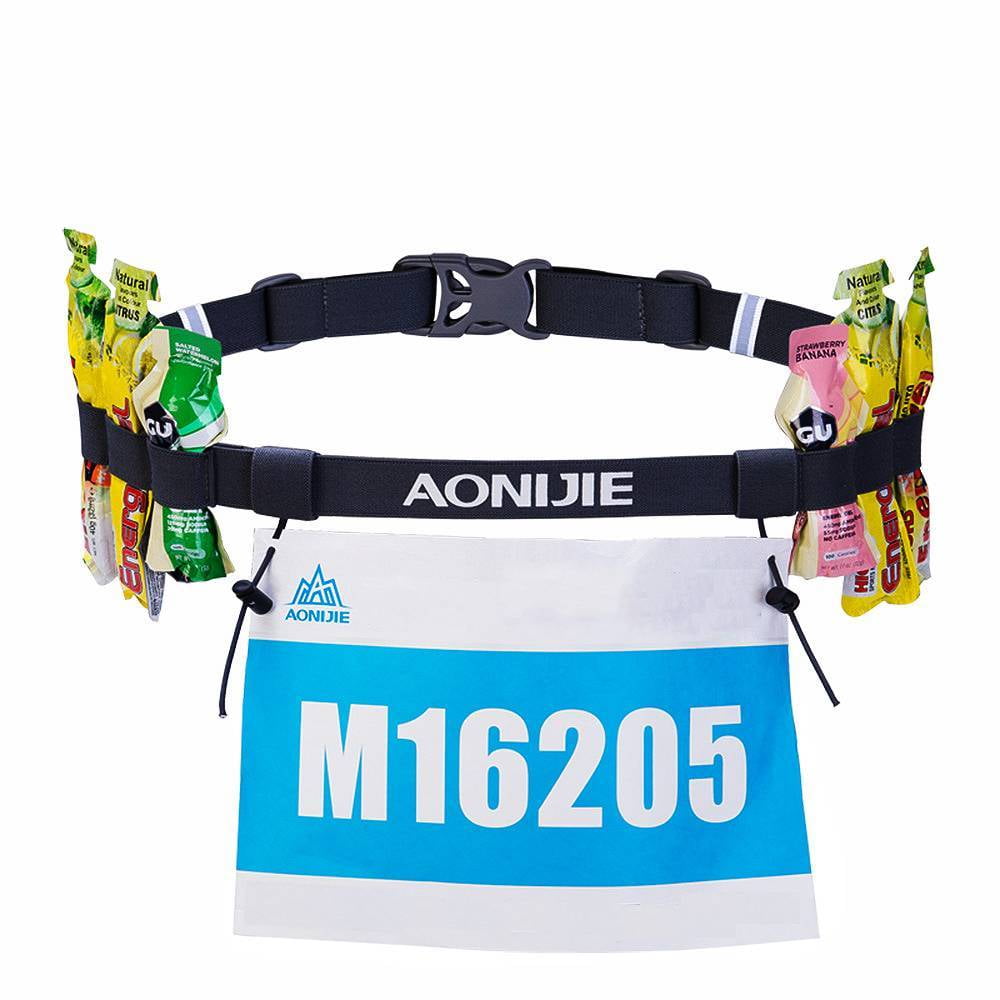 AONIJIE 2Pcs Triathlon Running Race Number Belt Adjustable Bib Holder with 6 Energy Gel Loops, Black