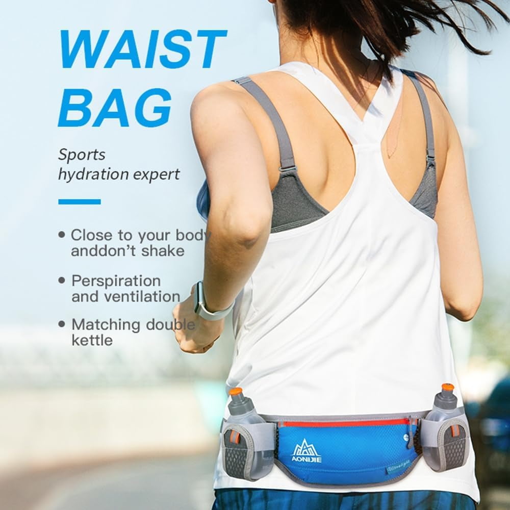 AONIJIE Running Hydration Belt with 2 Water Bottles, Bounce-Free Waist Pouch for Runners