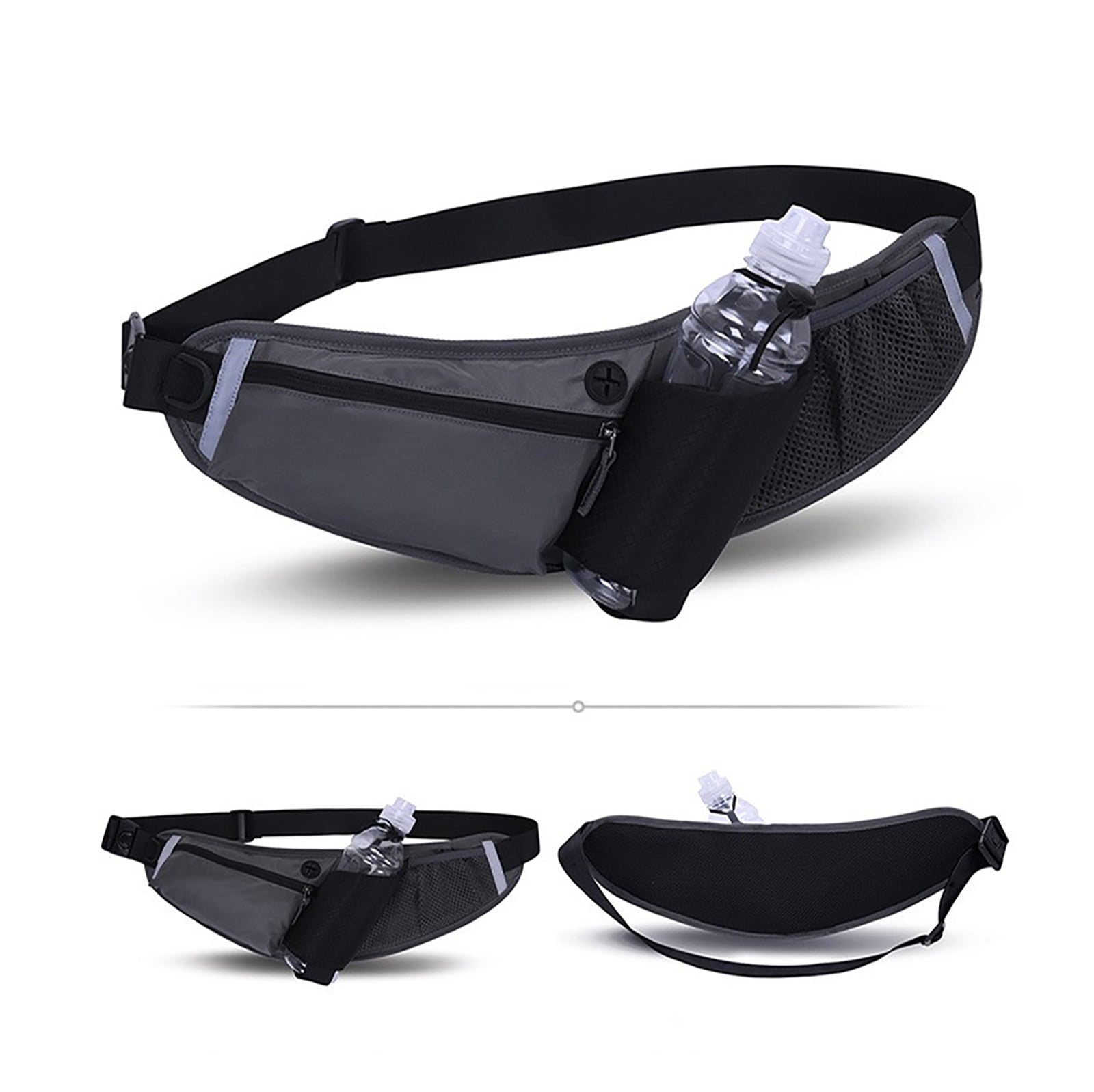 Hiroekza Running Belt with Water Bottle Sports Pack Waist Bag for Men & Women - Nylon Multifunctional Zipper Belt for Running Hiking Climbing - Adjustable Reflective Fitness Gear Accessories Black