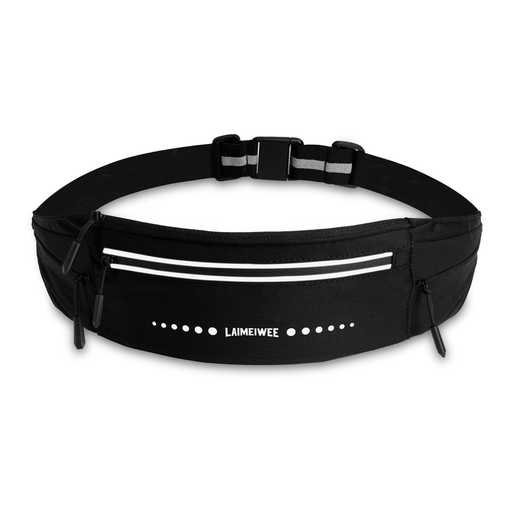 LAIMEIWEE Lightweight Running Belt，Water-Resistant Waist Pack for Women Men, 4-Zone Organization, Reflective strips Design for Marathon Training, Jogging, Hiking, Commuting（Black）