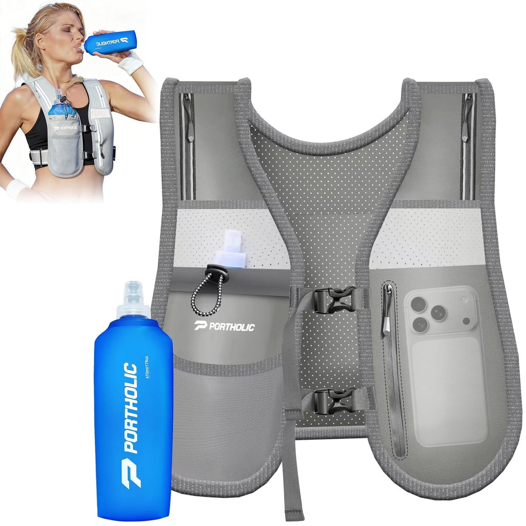 PORTHOLIC Running Vest for Women Men with 500ml/17oz Water Bottle |Adjustable Hydration Vest|Reflective |Lightweight |6 Pockets |Breathablefor Running Accessories for Hiking Running (Black,Large)