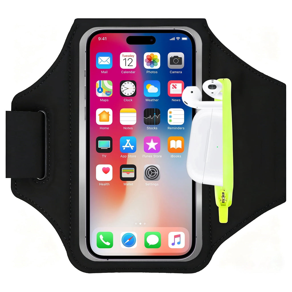 Atzeste Cell Phone Running Armband with Earphone Bag, Sweatproof Arm Band Phone Holder, Fits 6.9" Phones Compatible with iPhone 17 16 15 14 13 12 Pro Max/Plus/XR/XS, Galaxy S25-S22
