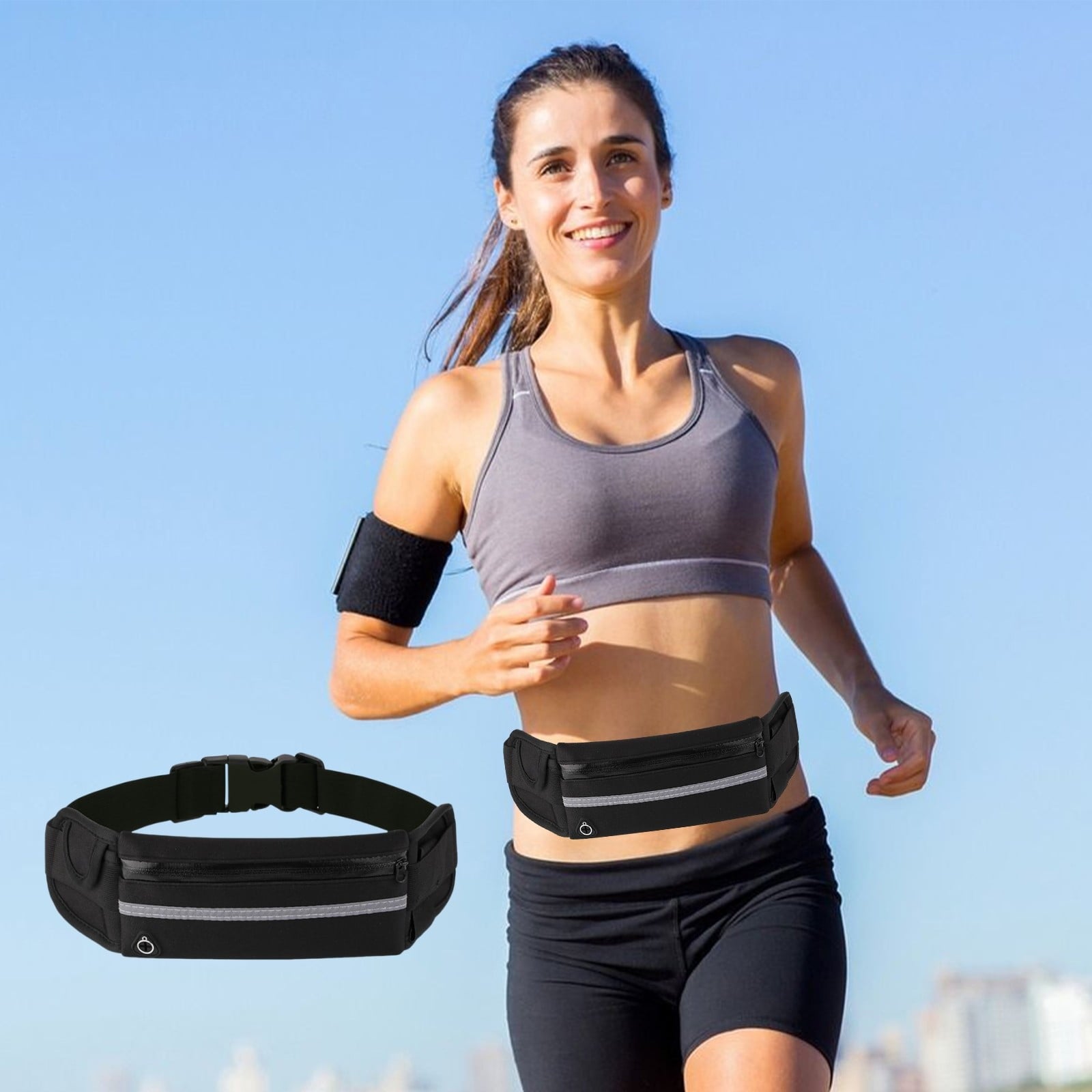 Waterproof Running Belt with Phone Holder and Water Bottle Pouch, Reflective Fitness Waist Pack for Men Women, Adjustable Sports Waist Bag for Hiking Cycling Marathon Gym Workout Outdoor Activities