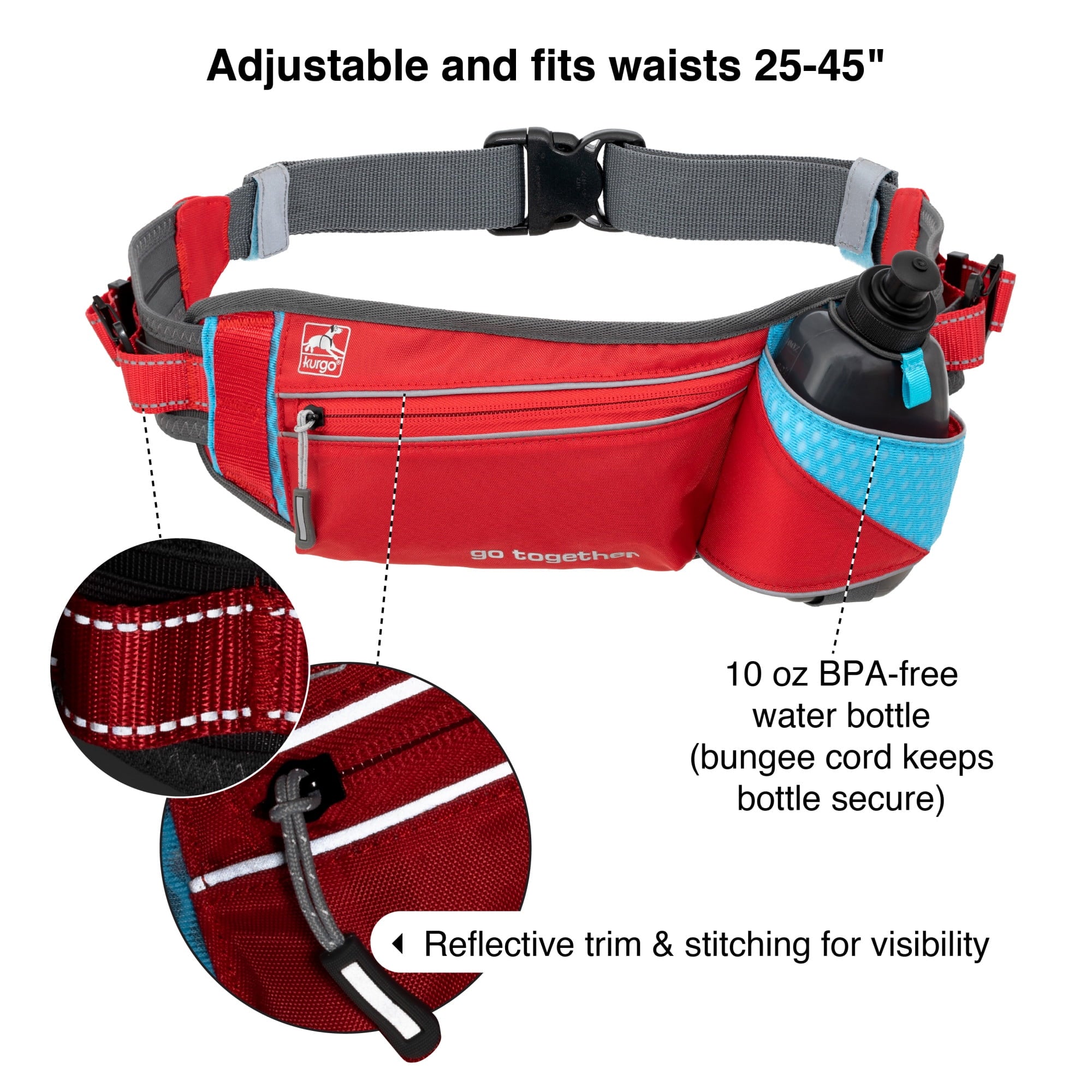 Kurgo On-Trail Running and walking Belt, Hands-Free, Reflective, Includes 10 oz Water Bottle