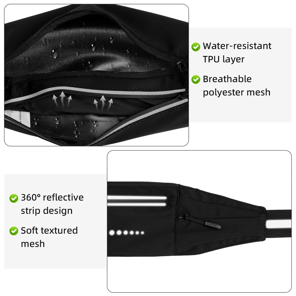 LAIMEIWEE Lightweight Running Belt，Water-Resistant Waist Pack for Women Men, 4-Zone Organization, Reflective strips Design for Marathon Training, Jogging, Hiking, Commuting（Black）