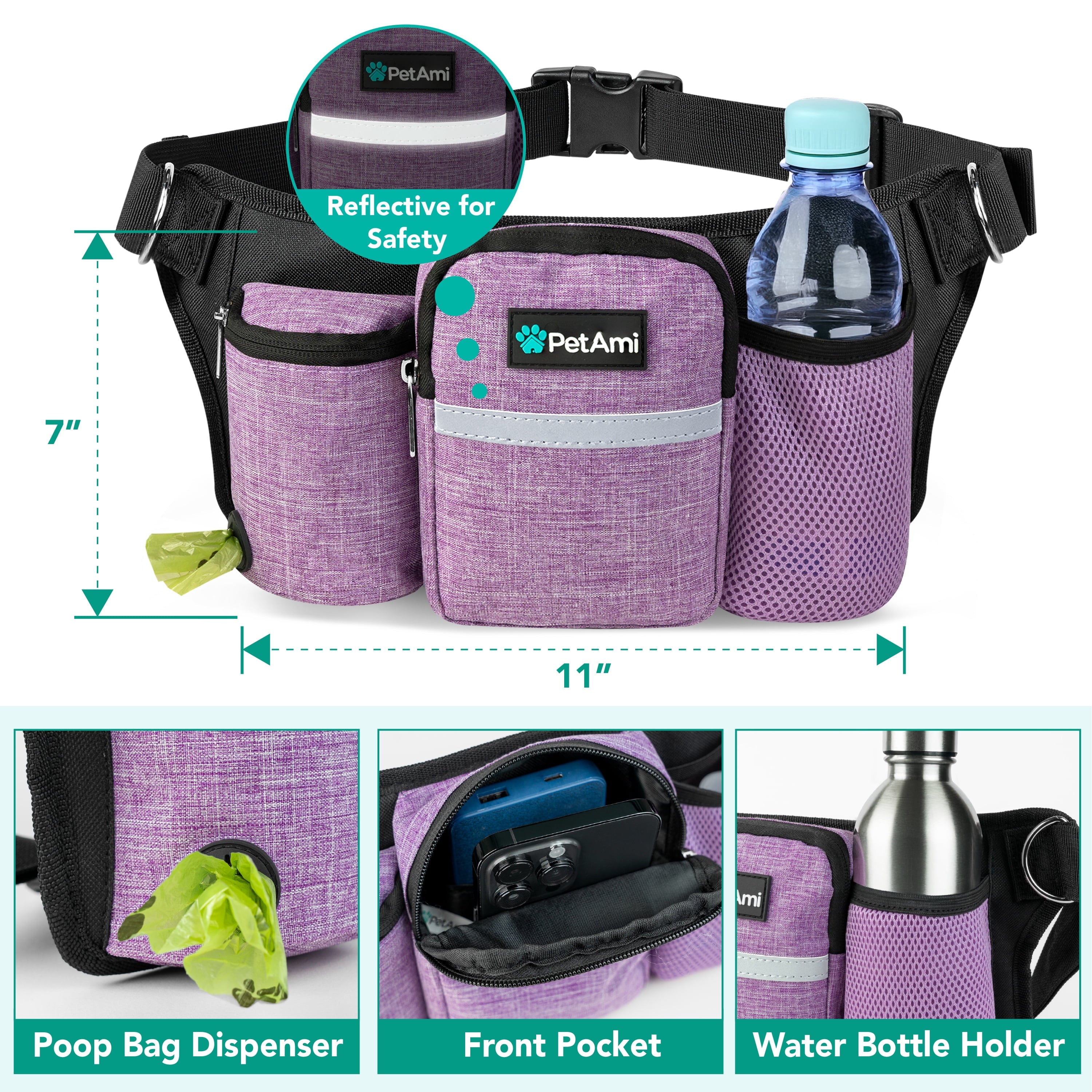 PetAmi Premium Hands Free Dog Leash for 2 Dogs, Adjustable Waist Belt Leash for Dog Walking, Fanny Pack Accessories Bag Dual Bungee Leash for Running, Hiking, Jogging, Biking, Charcoal Grey