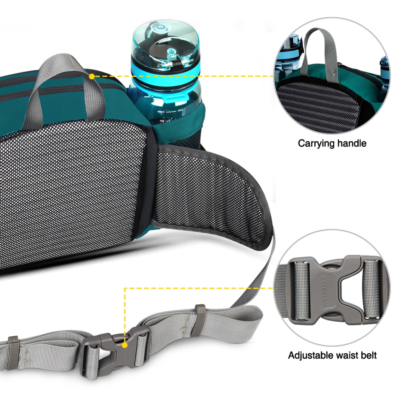 WATERFLY Unisex Large Capacity Hiking with Bottle Holder Nylon Fanny Pack Waist Bag,Gray