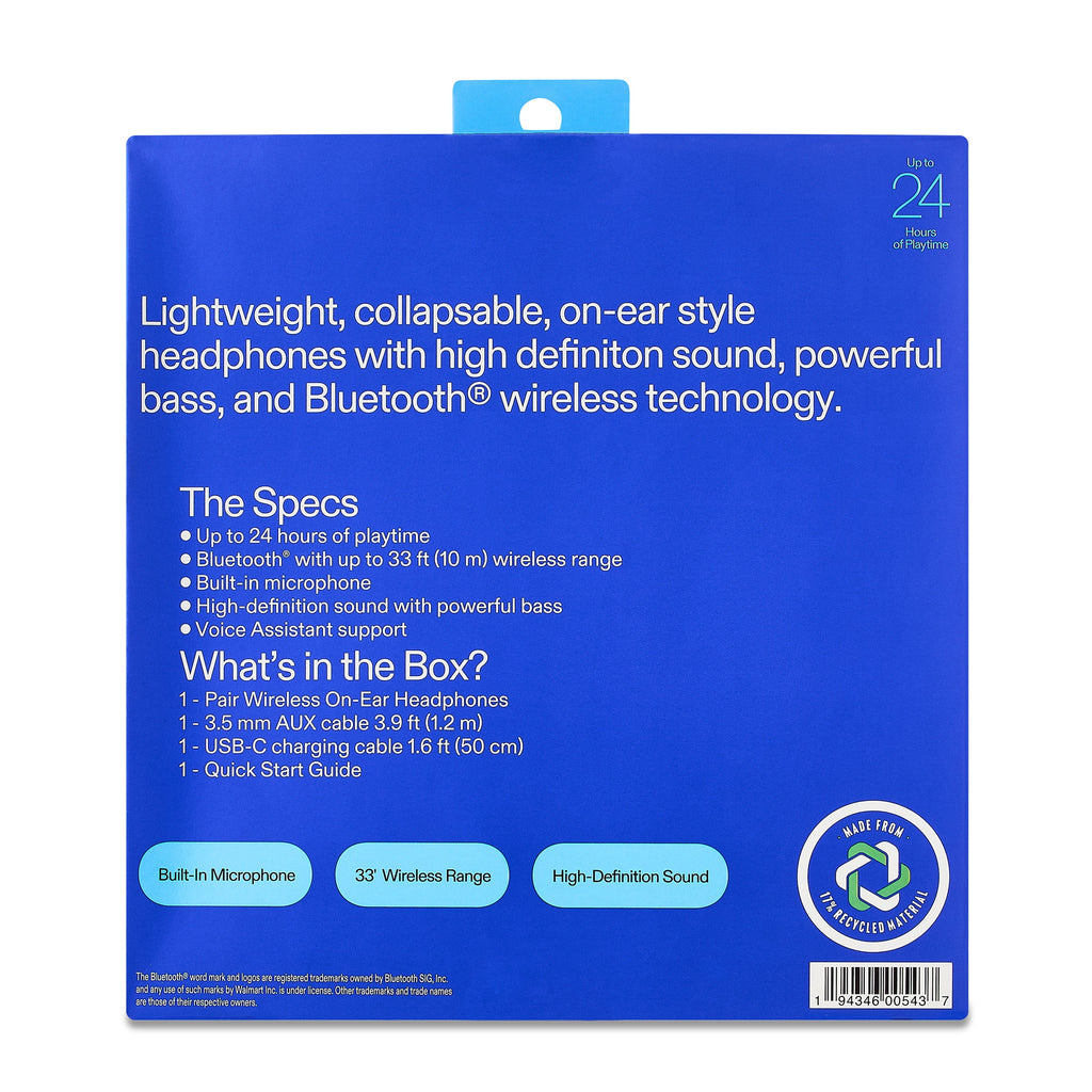 Onn Blue Bluetooth Headphones with Built-in Mic and 24-Hour Playtime
