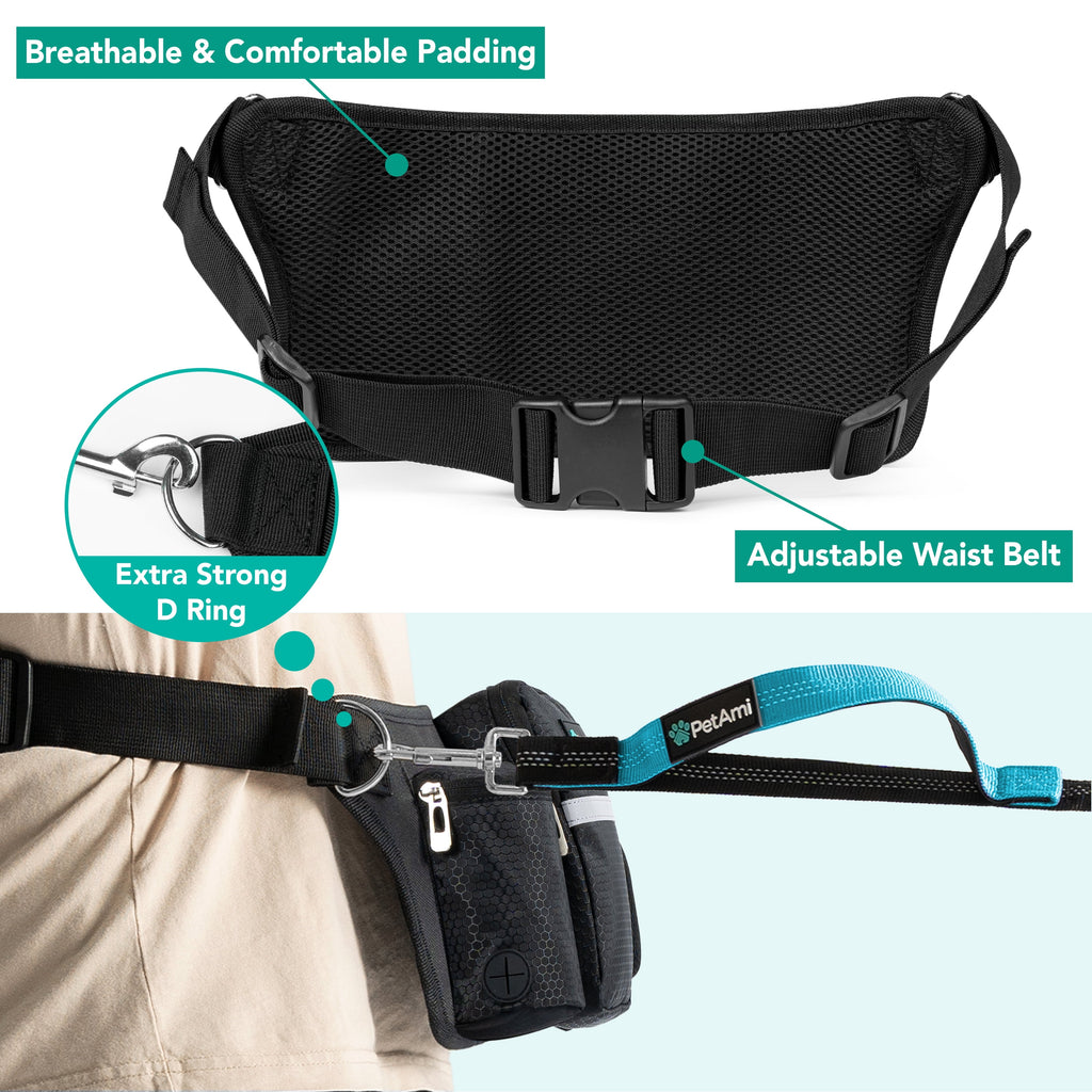 PetAmi Premium Hands Free Dog Leash for 2 Dogs, Adjustable Waist Belt Leash for Dog Walking, Fanny Pack Accessories Bag Dual Bungee Leash for Running, Hiking, Jogging, Biking, Charcoal Grey