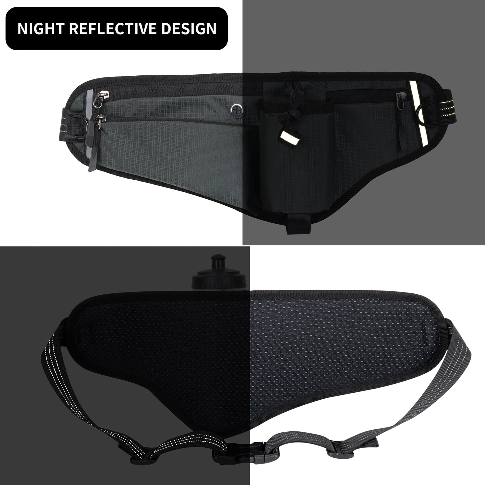 NFTIGB Running Belt Waist Pack Adjustable Hydration Bag with Water Bottle Holder for Runners Men Women, Black (10.63 inches / 27 cm)