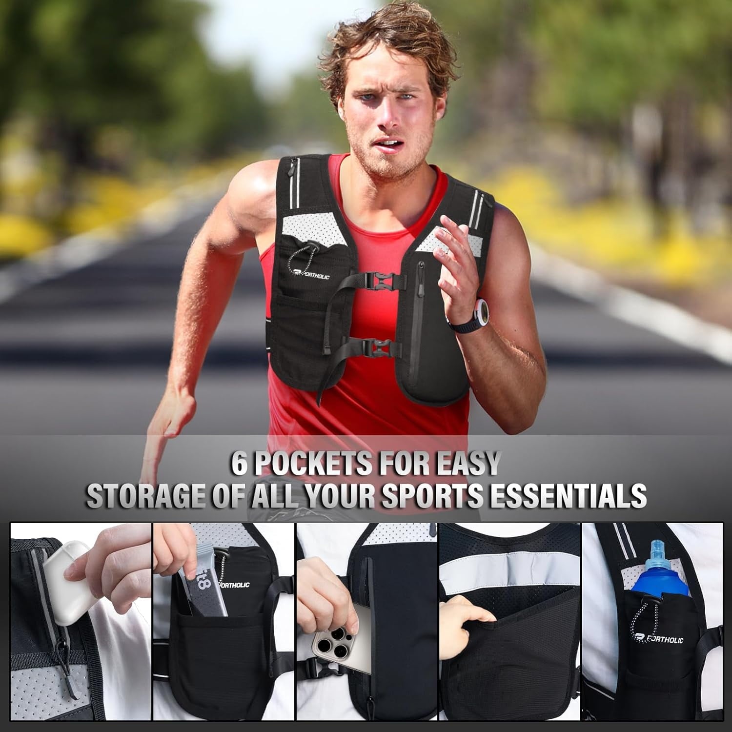 PORTHOLIC Running Vest for Women Men with 500ml/17oz Water Bottle |Adjustable Hydration Vest|Reflective |Lightweight |6 Pockets |Breathablefor Running Accessories for Hiking Running (Black,Large)