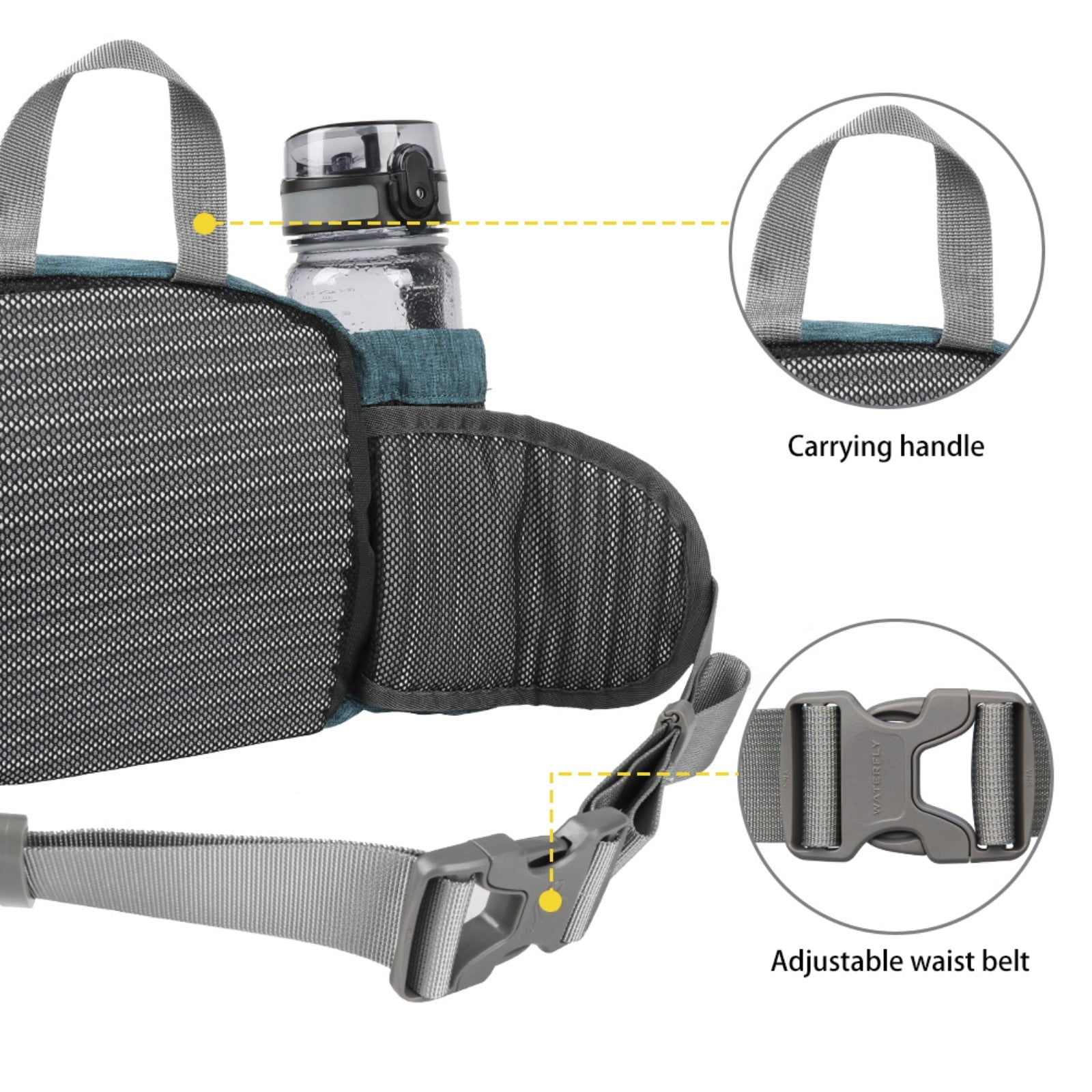 WATERFLY Unisex Large Capacity Hiking with Bottle Holder Nylon Fanny Pack Waist Bag,Gray
